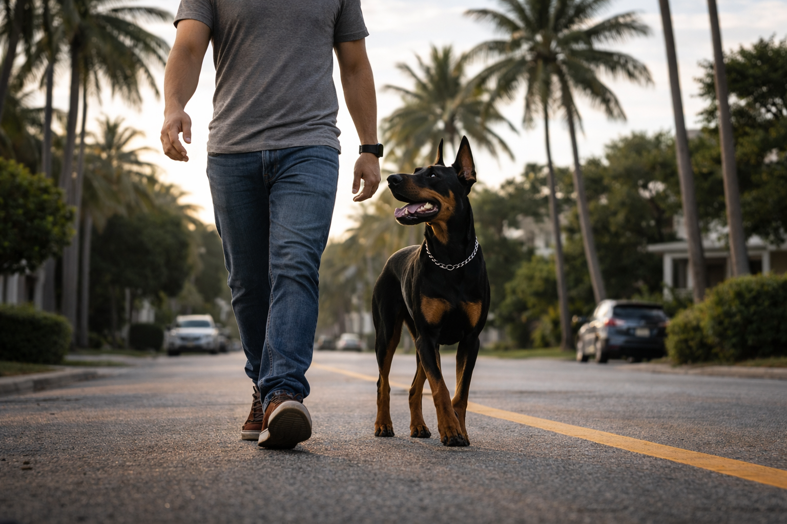 Trained Doberman walking with owner on South Florida street