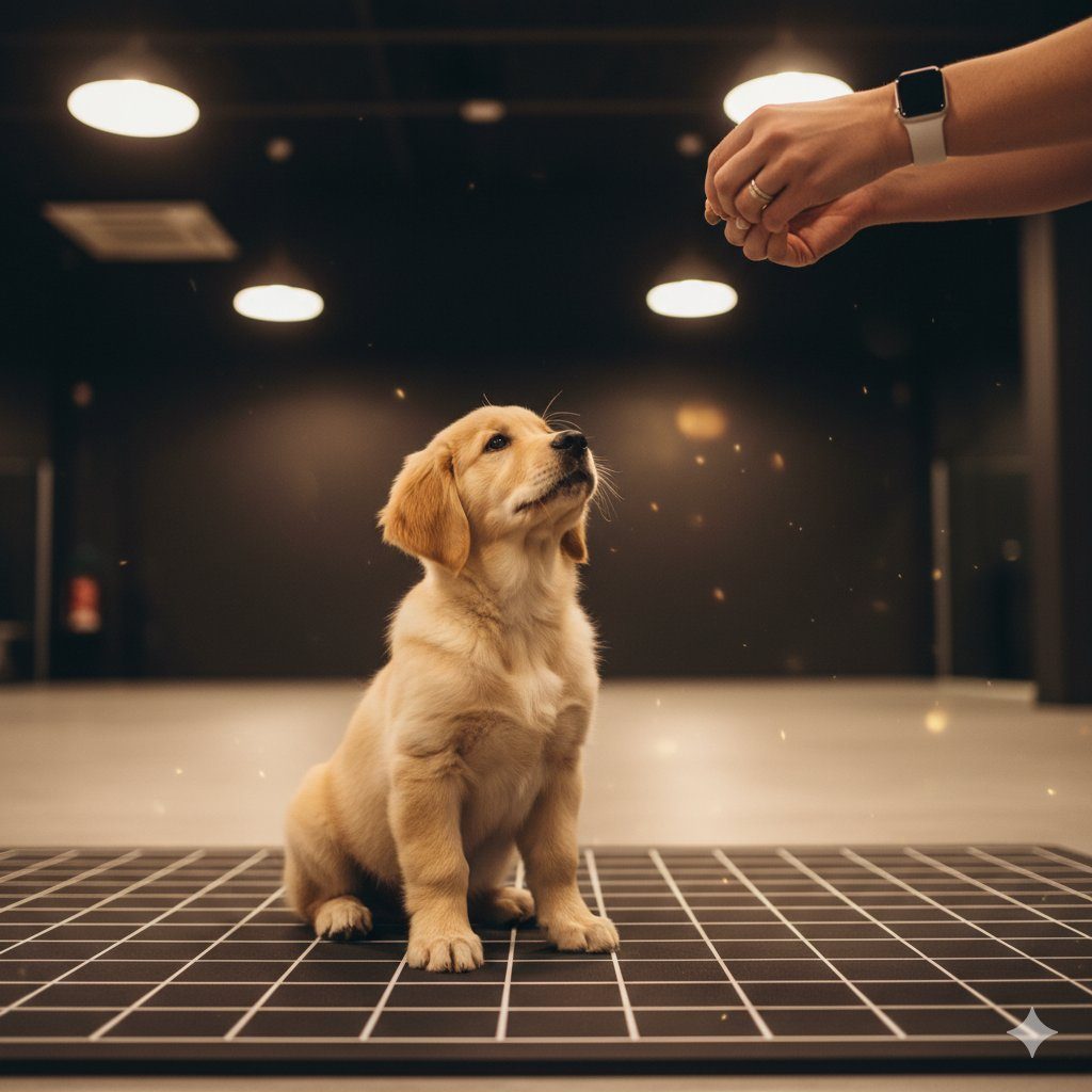 Entrenador profesional con cachorro en tapete de entrenamiento