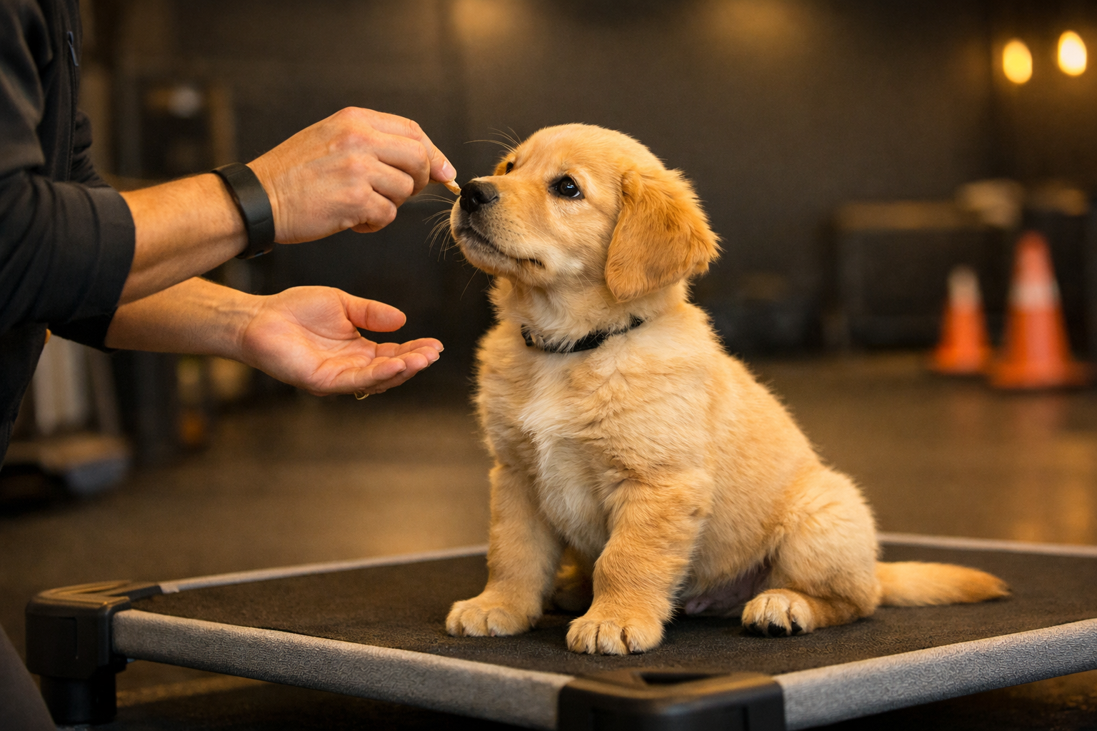 Professional trainer with puppy on training mat during Puppy Raise and Train program